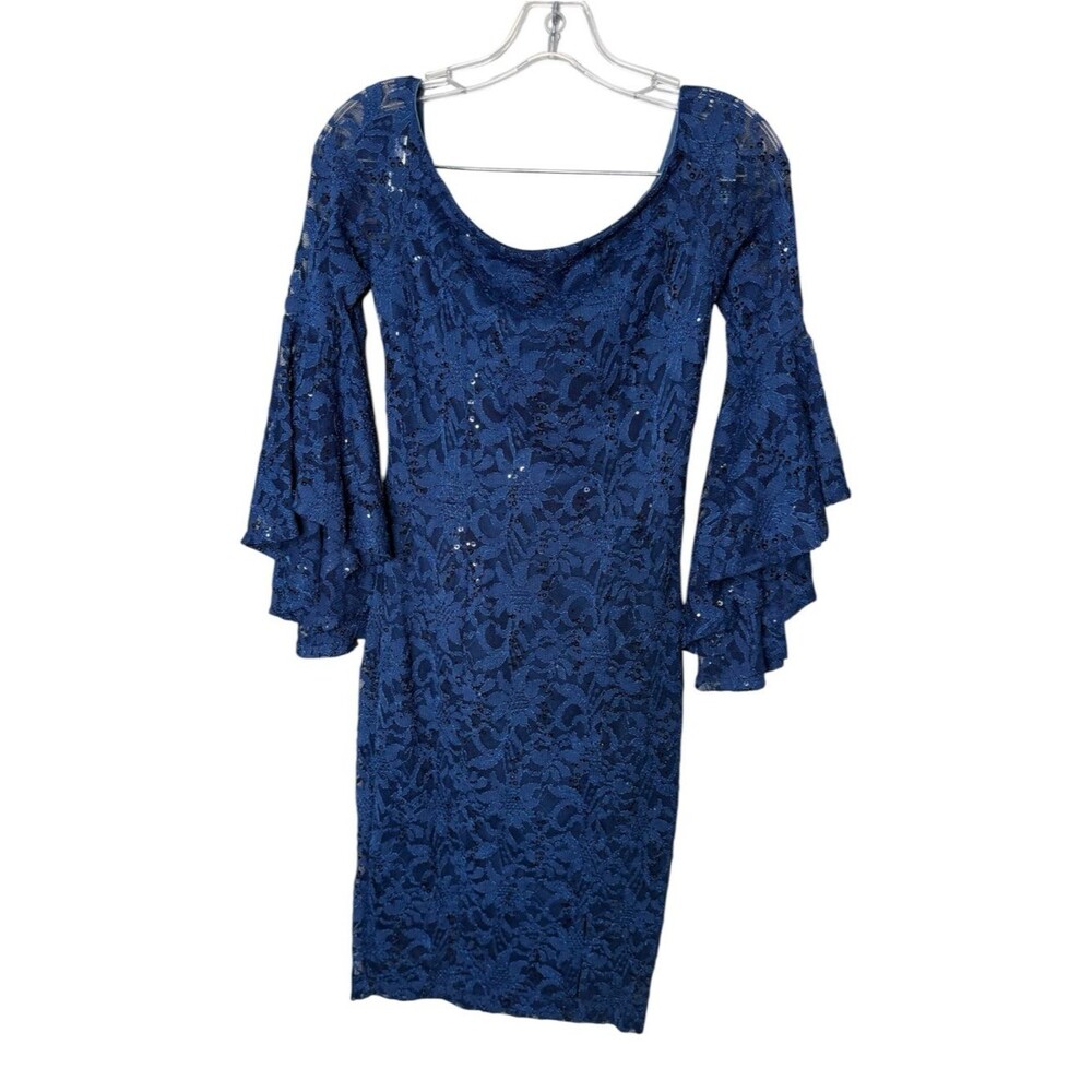 VENUS Blue Lace Sequin Bell Sleeve Cocktail Dress Size 4